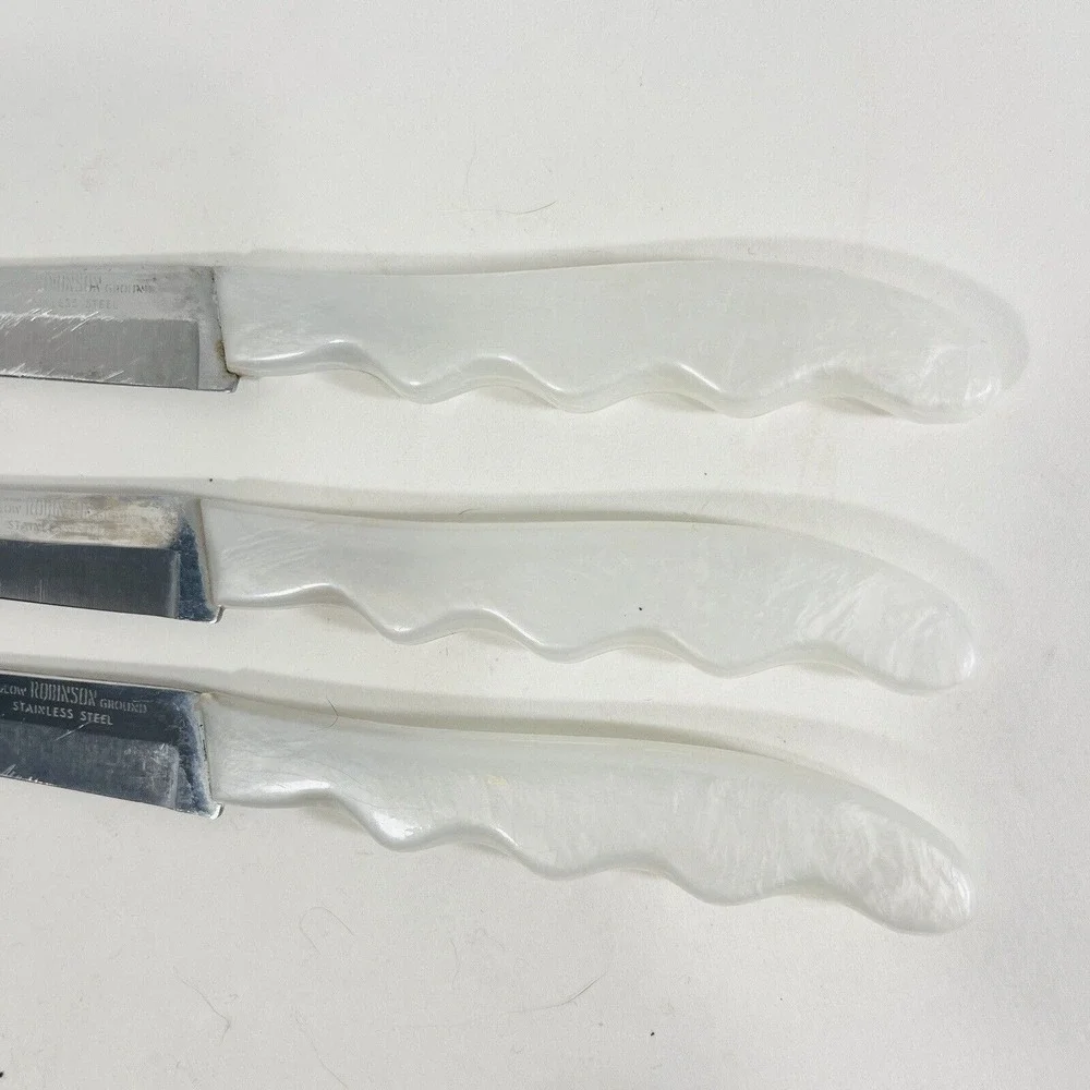 3 Robinson Hollow Ground Knife Set‎ White Pearl Handle Stainless Steel Vtg MCM